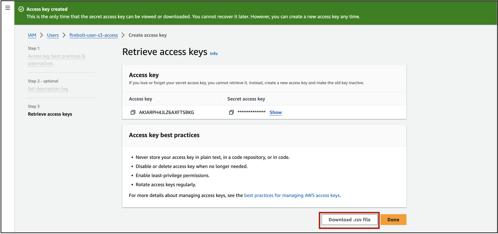 Access Key created successfully