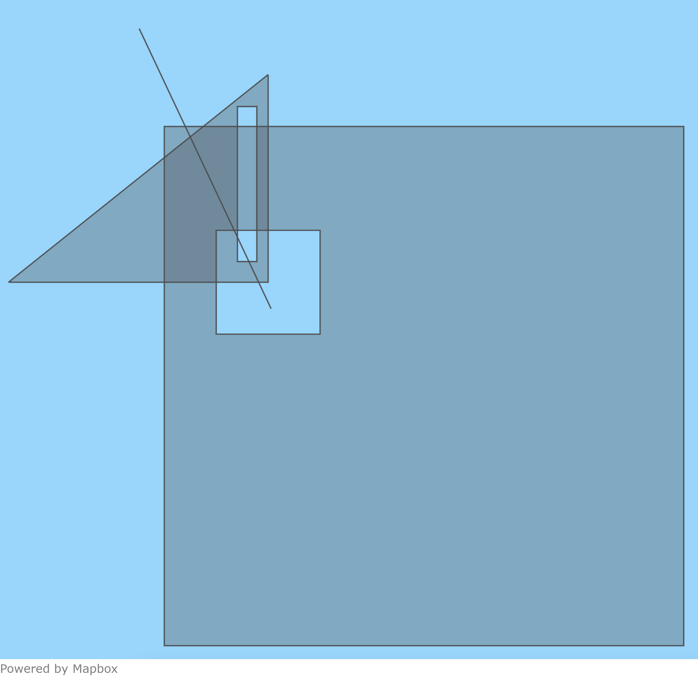 Overlapping Polygons with holes and a LineString crossing through them.